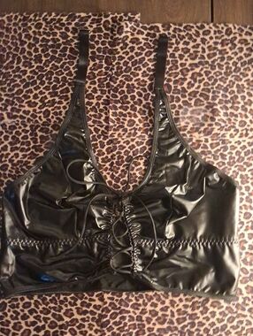 SHEIN Black Faux Leather Lace-Up Bralette